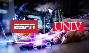 Man On Laptop Media Research Graphic with ESPN and UNLV logos