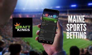 Man Sports Betting On Phone At Game with DraftKings logo and Maine sports betting