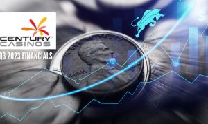 Penny And Upward Trending Financial Graph with Century Casinos logo and Q3 2023 financials