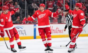 Detroit Red Wings Defenseman Ben Chiarot Celebrates