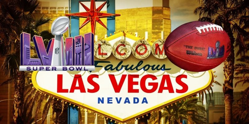 NFL Football With LVIII Logo And Las Vegas Sign