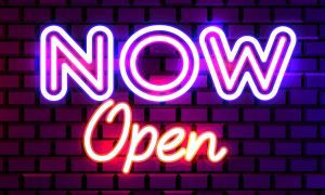 Now Open Neon Sign On Brick