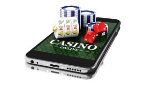 Online Casino Concept 3D Smartphone with chips, slot reel and dice