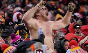 Shirtless Kansas City Chiefs Fan Gestures