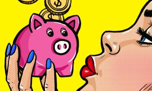 Woman Kissing Piggy Bank Cartoon