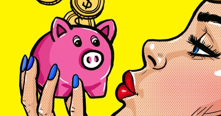 Woman Kissing Piggy Bank Cartoon