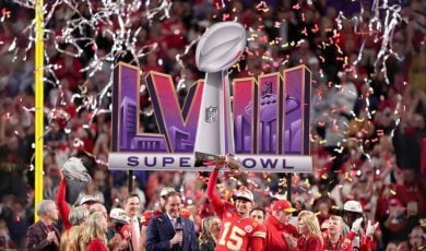 Kansas City Chiefs Quarterback Patrick Mahomes Raises Lombardi Trophy
