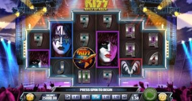 A screenshot of Kiss - Reels of Rock slot in action.