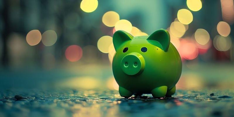 City Lights Shine Behind Green Piggy Bank