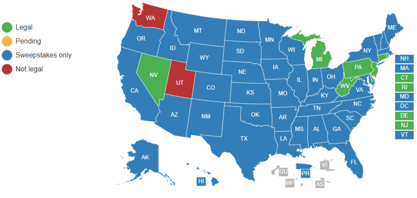 A map of the United States of America and where legal online casinos are available.