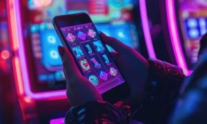 Woman Plays Online Slots On Mobile Phone inside casino