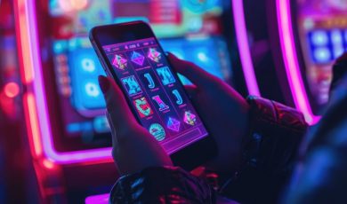 Woman Plays Online Slots On Mobile Phone inside casino