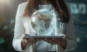 Business Woman Holds Tablet With Globe Projection