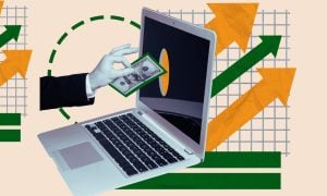 Hand Puts Money In Laptop Online Casino Collage Illustration