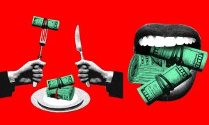 Hands Cut Rolled Up Cash Mouth Eats It