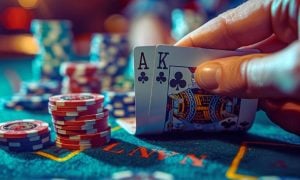 Man Plays Poker Shows Ace, King Playing Cards