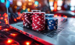 Poker Chips, Laptop, Online Casino Concept