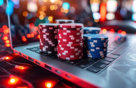 Poker Chips, Laptop, Online Casino Concept