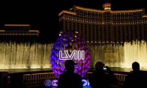 Super Bowl Signage At Bellagio Fountains