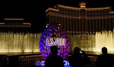 Super Bowl Signage At Bellagio Fountains