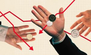 Hands Stamp Coins Red Downward Arrows