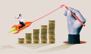 Man Flies Above Stacked Coins With Hand