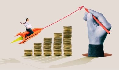 Man Flies Above Stacked Coins With Hand