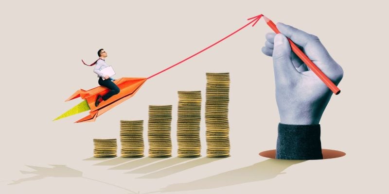 Man Flies Above Stacked Coins With Hand