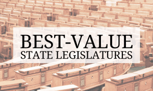 Photo of an empty legislative chamber with text that says Best-Value State Legislatures