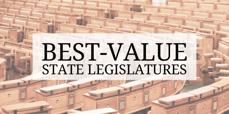 Photo of an empty legislative chamber with text that says Best-Value State Legislatures