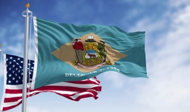 delaware state and usa flags on poles