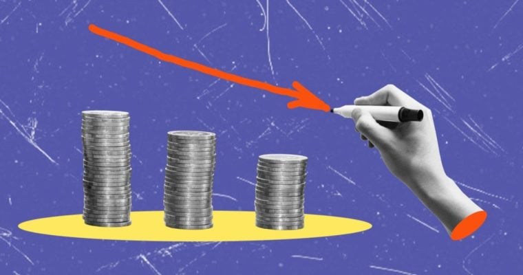 Declining Stacked Coins With Hand Drawing Arrow