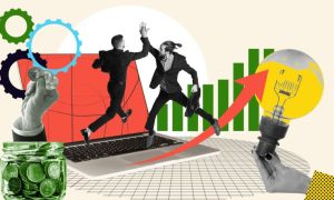 Business Men High-5 In Front Of Laptop Collage