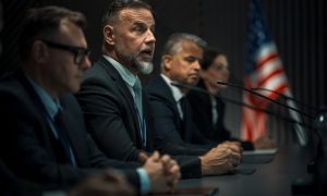 Committee Men In Meeting With American Flag