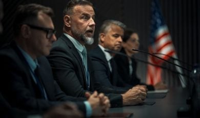 Committee Men In Meeting With American Flag