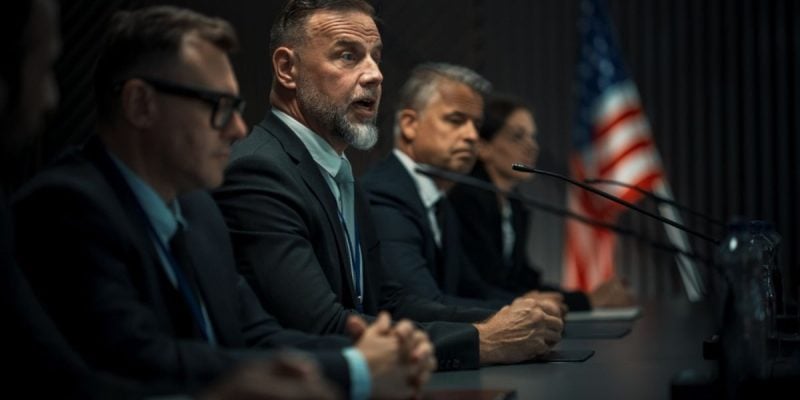 Committee Men In Meeting With American Flag