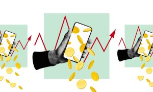 Hand Holds Cell Phone With Spinning Coins Illustration