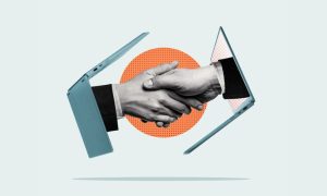 Hands Shake Through Laptops Collage