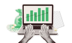Hands With Laptop Showing Financial Graph Collage