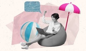 Happy Woman With Laptop, Beach Ball And Umbrella