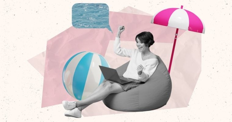 Happy Woman With Laptop, Beach Ball And Umbrella