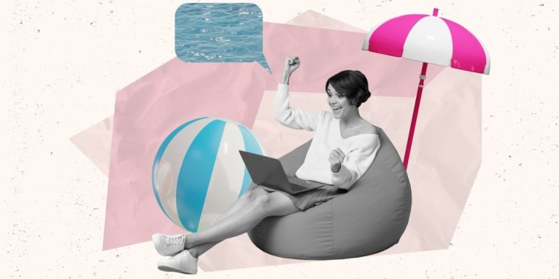 Happy Woman With Laptop, Beach Ball And Umbrella