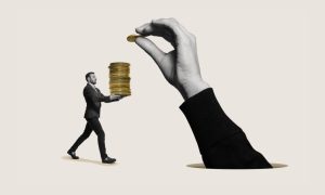Man Holds Stacked Coins Large Hand Places Them