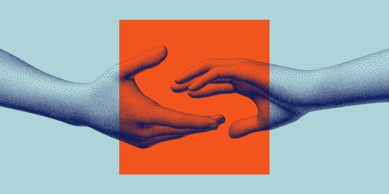 Two Hands Reach For Each Other In Orange Square