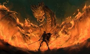 Dragon Of Fire Stands Off Warior Legend Illustration