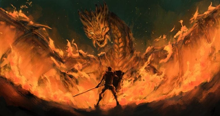 Dragon Of Fire Stands Off Warior Legend Illustration