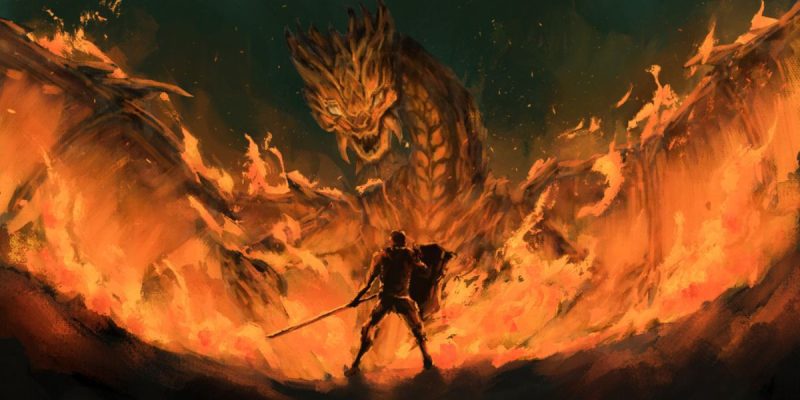 Dragon Of Fire Stands Off Warior Legend Illustration