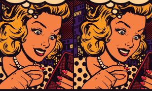 Pop Art Cartoon Blonde Eagerly Holds Cell Phone