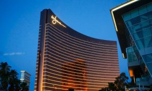 Wynn Las Vegas Exterior Facade Sign Seen At Blue Hour