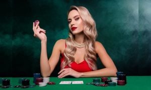 Blonde Woman In Red Dress, Pearls At Poker Table